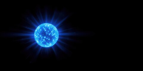 Obraz premium Blue glowing energy ball emitting light rays on a dark black background, ball, glowing
