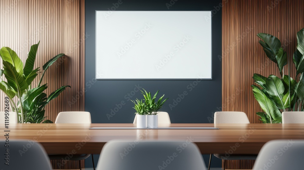 Poster voice sound projection concept, modern conference room setup featuring 3d holographic display and mi