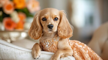 Adorable dog in elegant dress with sparkling details, relaxing on a plush couch in a beautifully decorated interior with soft natural lighting and vibrant floral arrangement.