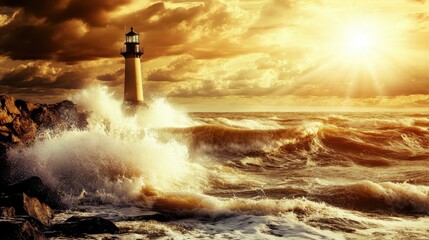Dramatic lighthouse on stormy ocean at golden sunset. Powerful waves crash against rocky shoreline.