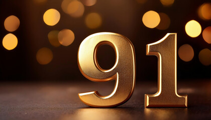 The golden number "91" stands prominently against a backdrop of golden bokeh lights and glitter, creating a festive and celebratory atmosphere	