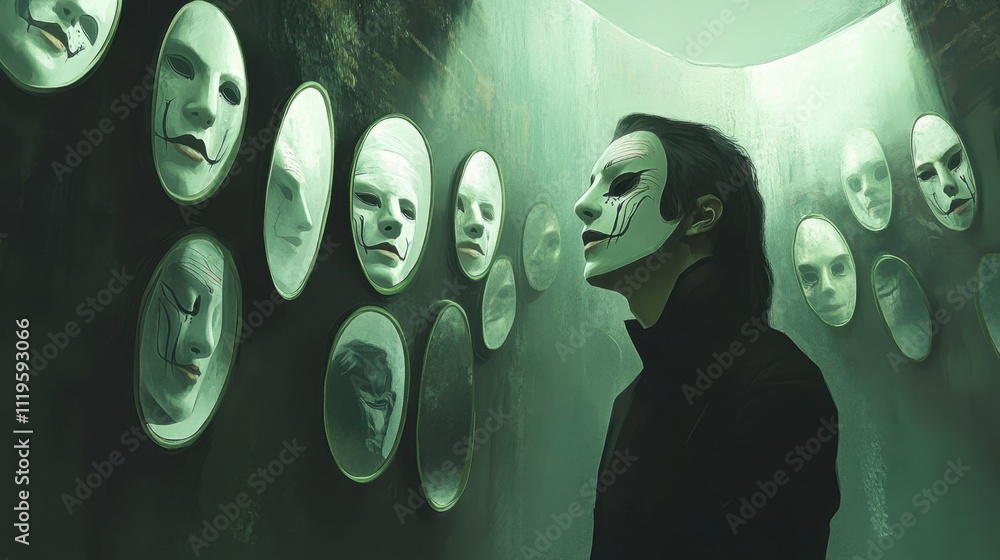 Poster mirrors encircle a man in a shadowy room, each reflection portraying him with a different symbolic m