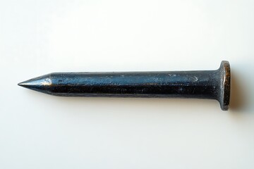 Closeup of rusty metal spike with pointed tip, weathered industrial tool, corrosion detail, aged iron object