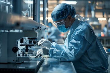 A scientist wearing a lab coat, gloves, and a face mask works in a laboratory. They are looking at a sample through a microscope.