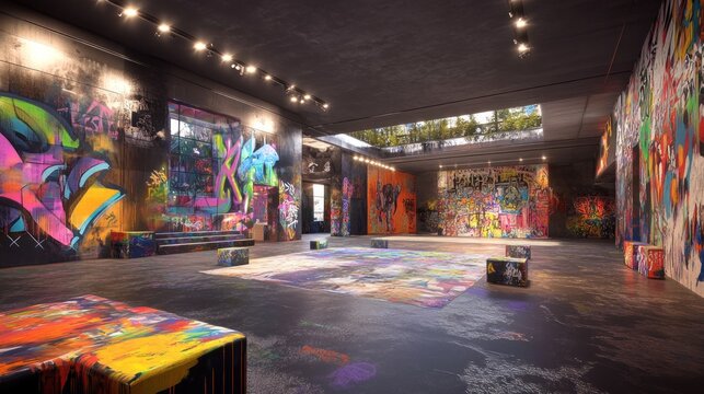 A vibrant graffiti art space with colorful walls and open skylights for creative expression.