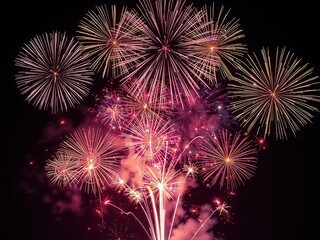 A festive collage of gold fireworks lighting up the night sky behind Happy New Year celebration text, night, lights, bright