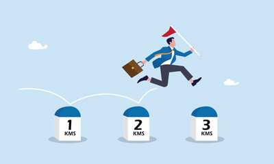 skillful businessman holding success flag jumping on milestones reaching target, journey or execution to achieve business success concept, project milestone to progress toward business goal.