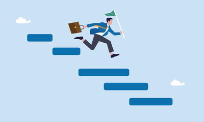 Businessman project manager with winning flag jump on project management diagram, Project management gantt chart, track complete tasks, workflow to launch within target timeline concept.