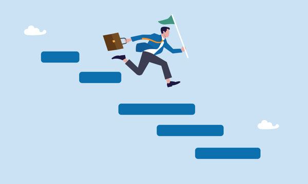 Businessman project manager with winning flag jump on project management diagram, Project management gantt chart, track complete tasks, workflow to launch within target timeline concept.
