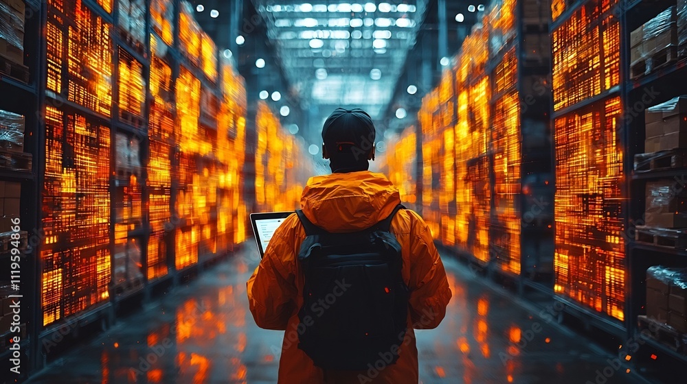 Poster worker monitoring autonomous robots sorting packages in futuristic warehouse