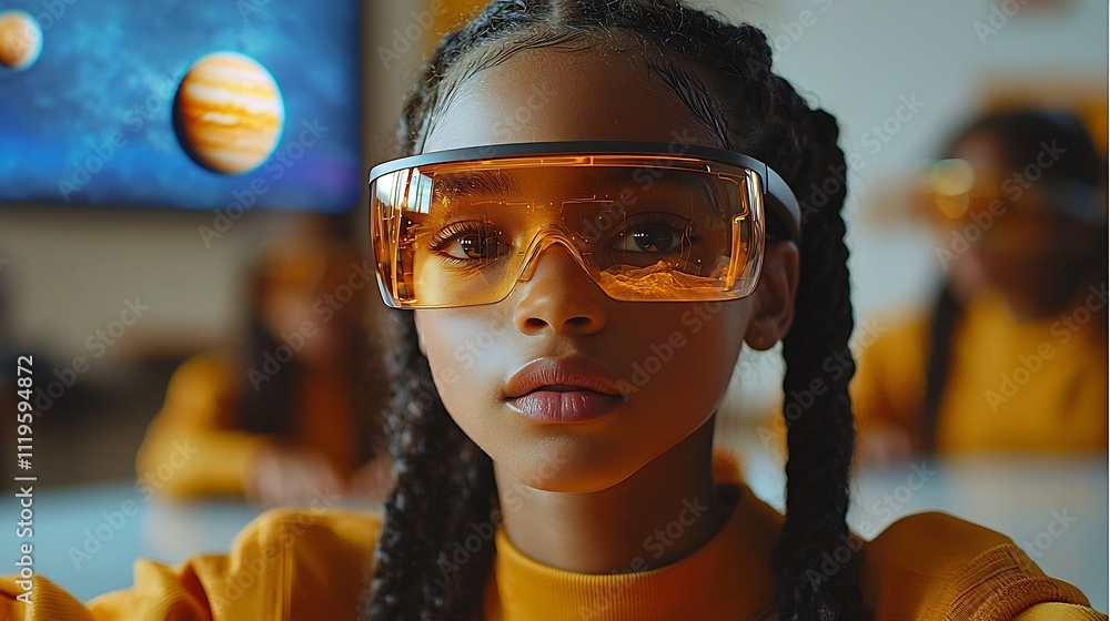 Poster teacher using interactive 3d planet models and students with glasses in futuristic classroom setting