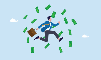 Happy millionaire with plenty of money and wealth, Success businessman achieve financial freedom, income or salary increase or career opportunity concept, happy businessman jump high with money rain.