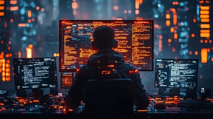 Fototapeta premium Software Developer Coding in Holographic Workspace with Floating Code and Glowing Monitors