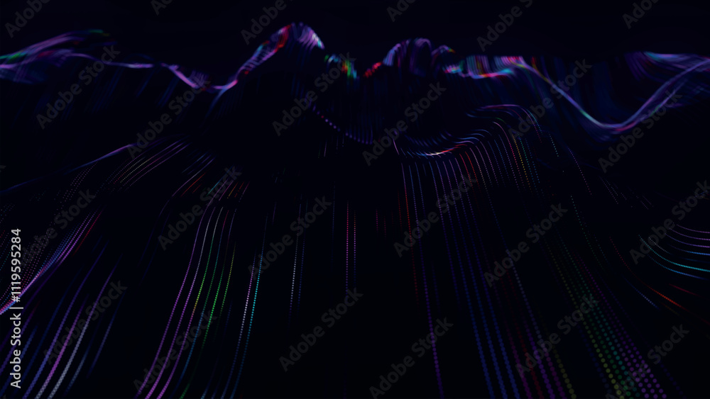 Poster futuristic point wave of particles. visualization of sound waves. dark background. technology or sci