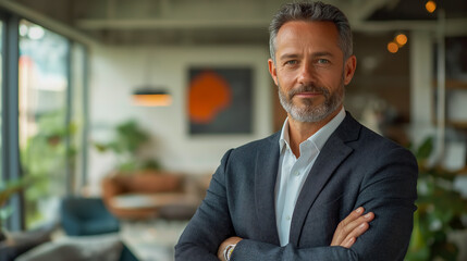 Confident Mature Caucasian Male in Stylish Office Setting with Arms Crossed