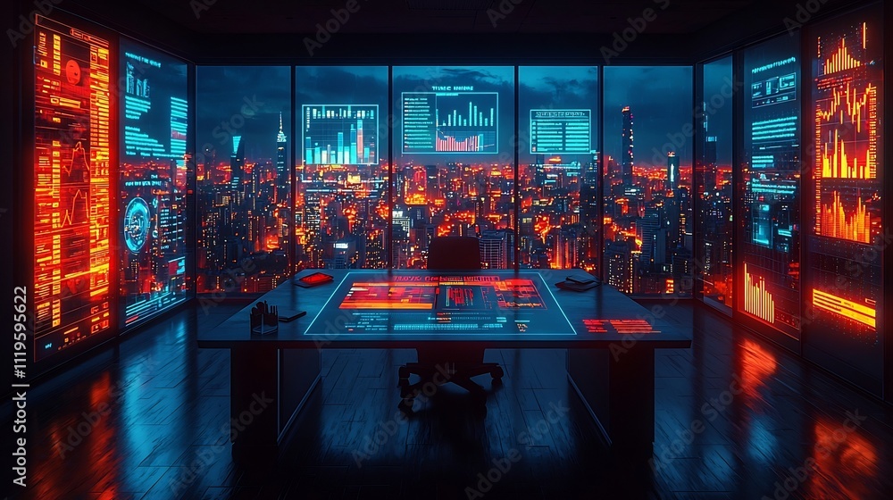Poster futuristic office desk with holographic interface and floating data visualizations in high tech urba