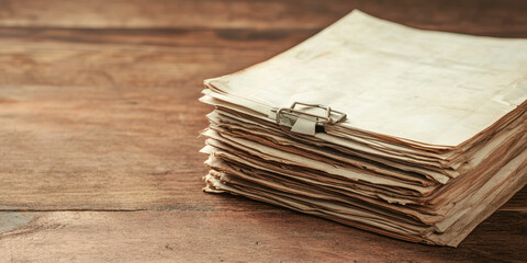 Stack of Aged Documents on Wooden Surface Conveying Vintage Office Aesthetic