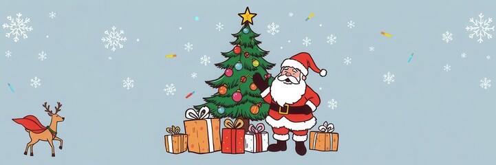 Big set of Christmas design elements in doodle style including Santa, reindeer, Christmas tree, ornaments, snowflakes, presents, and stockings, Santa, tree, presents