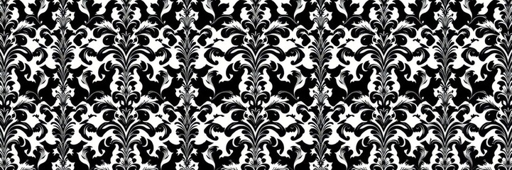 Intricately designed seamless gothic damask wallpaper in black and white, background, black
