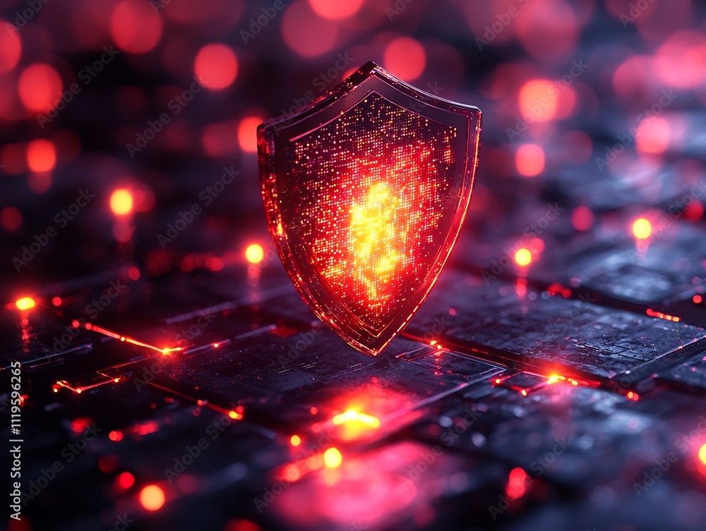 Poster sleek cybersecurity shield hovering over glowing data network for business protection