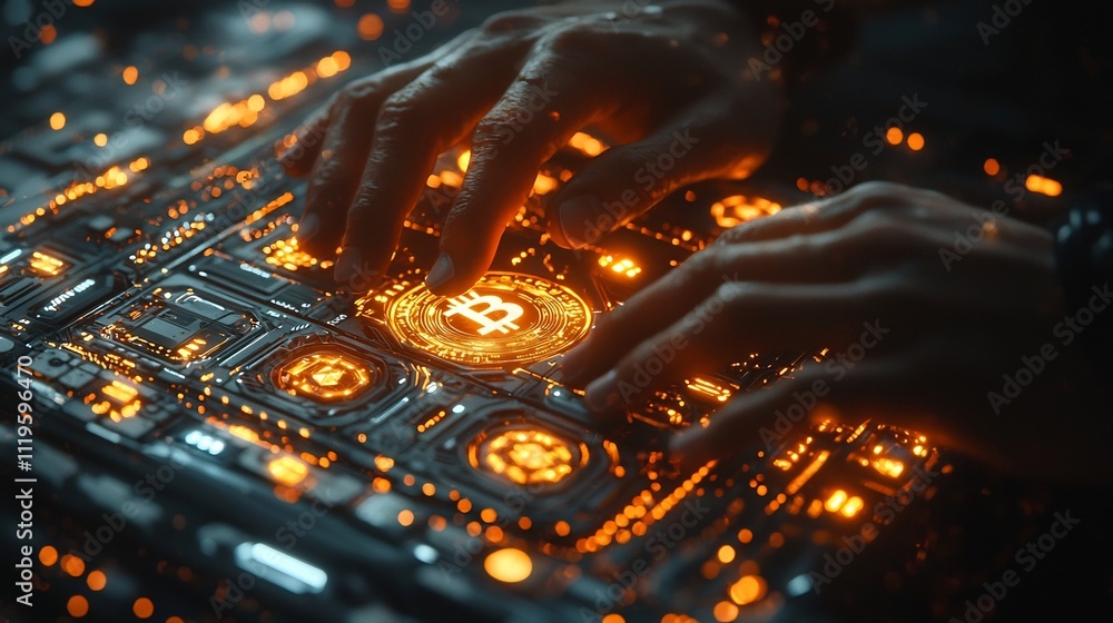 Poster hands typing on keyboard surrounded by glowing cryptocurrency symbols in fast paced financial tech e