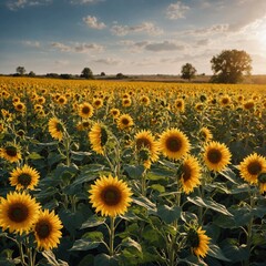 Obraz premium A field of golden sunflowers swaying in the wind.
