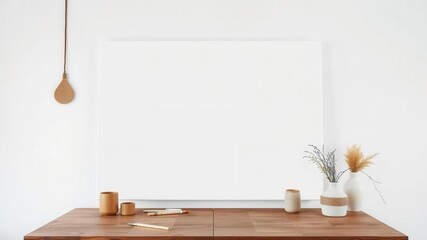 Canvas template laying on a wooden table in a bright white room, blank and ready for custom design, blank, canvas, creativity