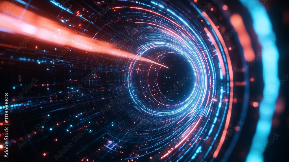 Poster visual representation of a futuristic digital tunnel with glowing particles and streaming light effe