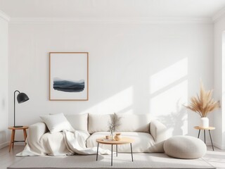 Chic living and dining room with black and white photos on grey wall, brown couch, wooden table, home, comfort