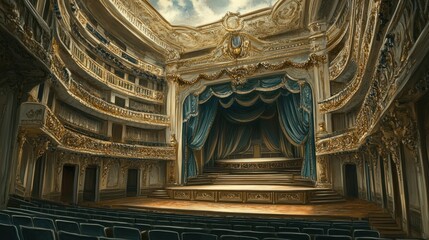Obraz premium A grand theater interior showcasing ornate architecture and a stage for performances.
