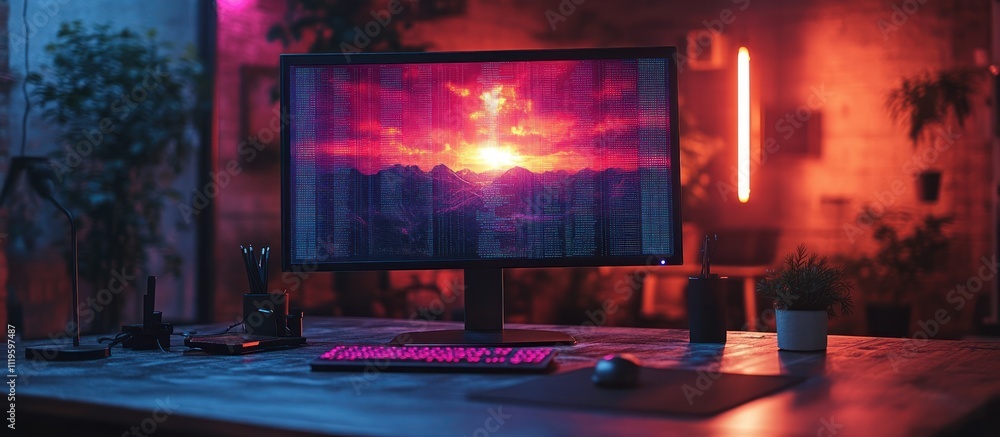 Aufkleber desktop computer with keyboard, mouse and sunset scene on the monitor screen.