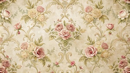 Elegant Floral Damask Pattern with Watercolor Roses and Vintage Scrollwork
