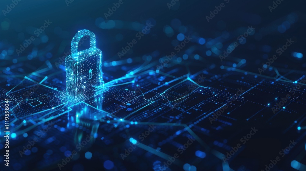 Poster cyber security concept and digital data protection with a locker in a blue background created with a