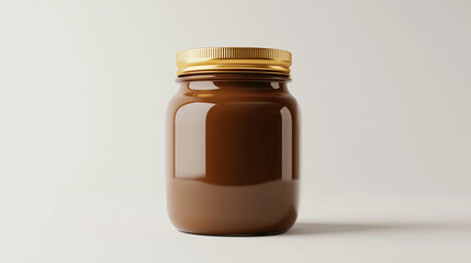 Brown glass jar filled with creamy chocolate spread placed on a clean surface with natural lighting