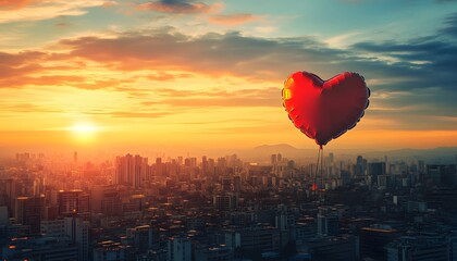 Fototapeta premium A vibrant sunset over a city skyline with a floating heart-shaped balloon, symbolizing love and romance in urban life.