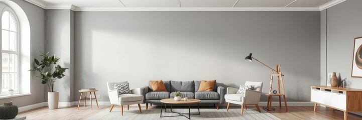 Retro style living room with grey empty wall, mid-century modern furniture, vintage decor, decor,...