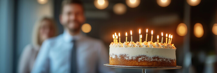 Happy birthday cake with candles in the office, blurred background of smiling male coworkers
