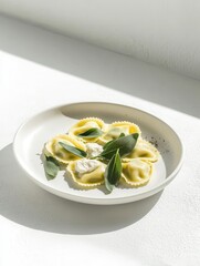 A plate of ravioli garnished with leaves, showcasing an elegant food presentation.