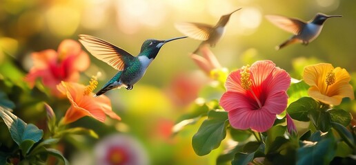 Three hummingbirds hover near hibiscus flowers in a sunlit garden.