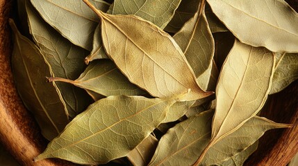 Dried bay leaves arranged in a wooden bowl showcasing their natural texture and color