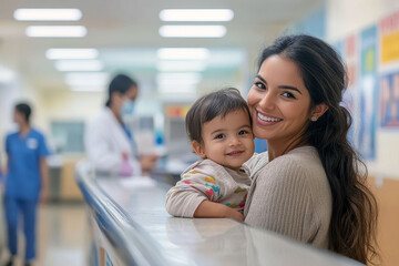 Happy Mother Holding Toddler at Hospital Reception