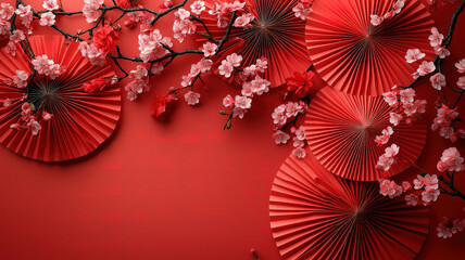 Minimalist Chinese New Year design with bright colors, red envelopes, lanterns, and paper fans