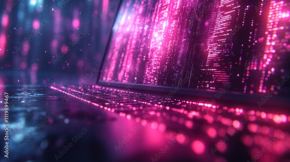 Poster a laptop with a glowing screen displaying digital code, surrounded by a futuristic neon light effect