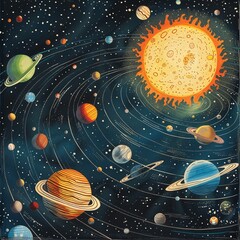 Colorful illustration solar system featuring all planets Sun asteroid belt accurate labels space background
