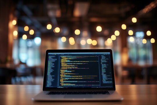 Laptop with code on screen in a dimly lit cafe, focus on technology