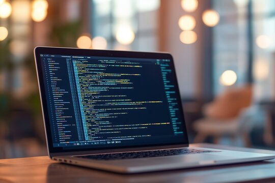Laptop with code on screen in cozy ambient interior