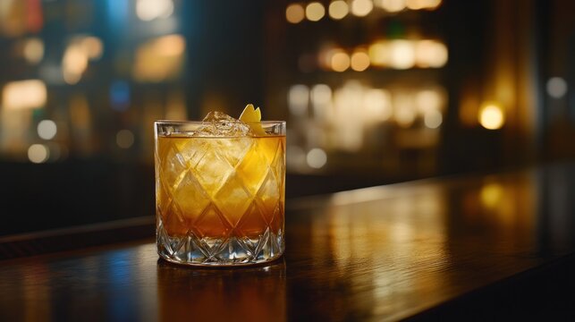 Golden cocktail in rocks glass on bar.