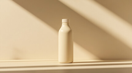 Unique minimalist bottle on a shelf with soft light casting shadows in a modern setting