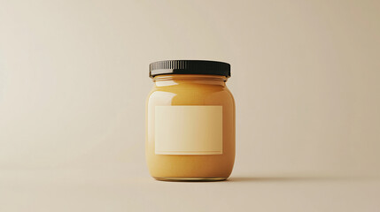 Clear jar of golden honey on a simple beige background capturing the essence of natural sweetness and purity in a minimalist style