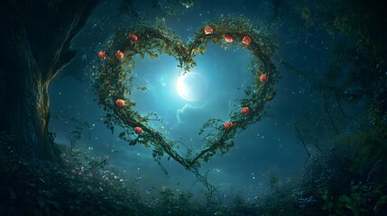 An enchanting scene showcasing a heart-shaped arrangement of vines and flowers under a moonlit sky, creating a magical and romantic atmosphere in the forest.